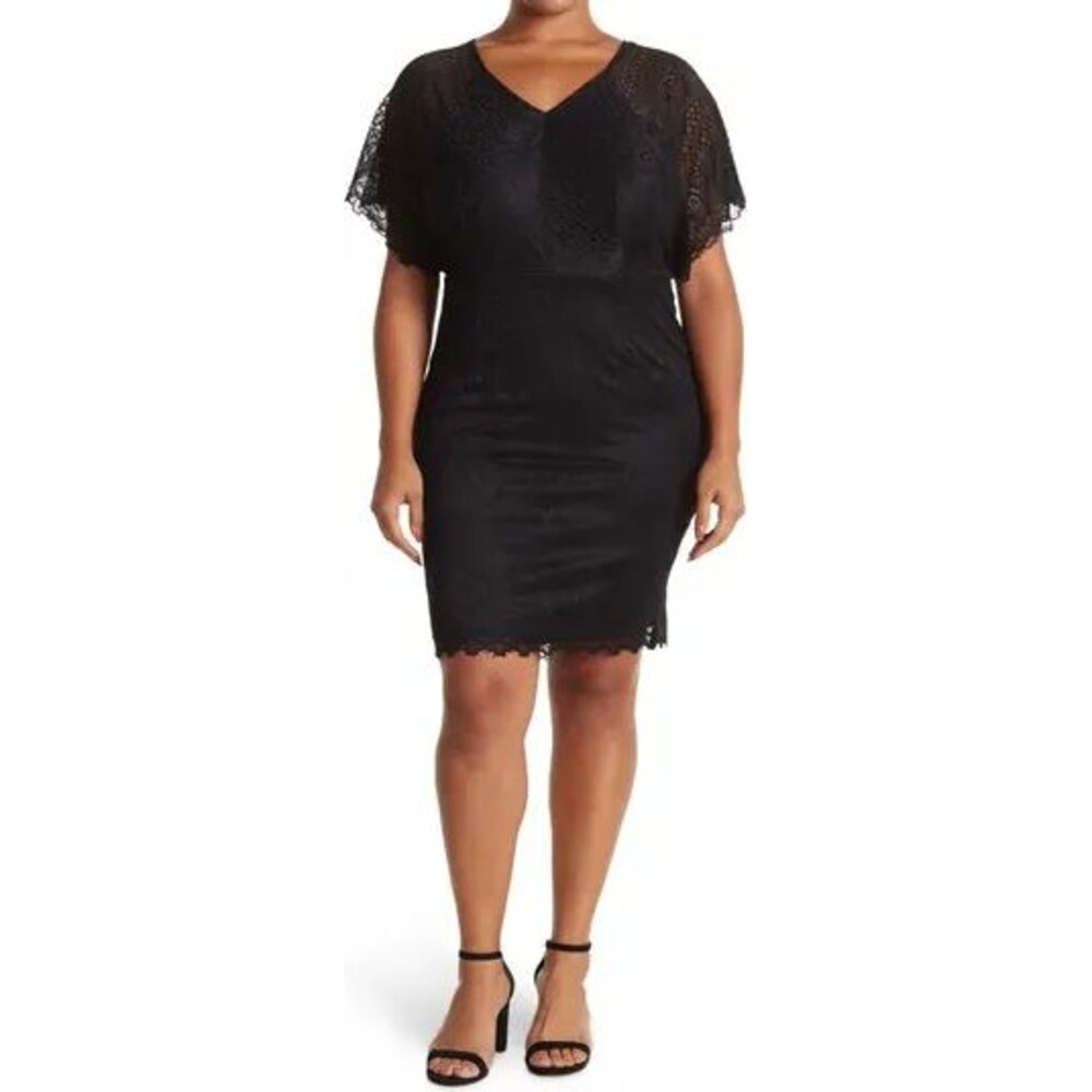 LOVE X DESIGN Jeanne V-Neck Lace Dolman Dress Plus Size 1X Black NEW B76